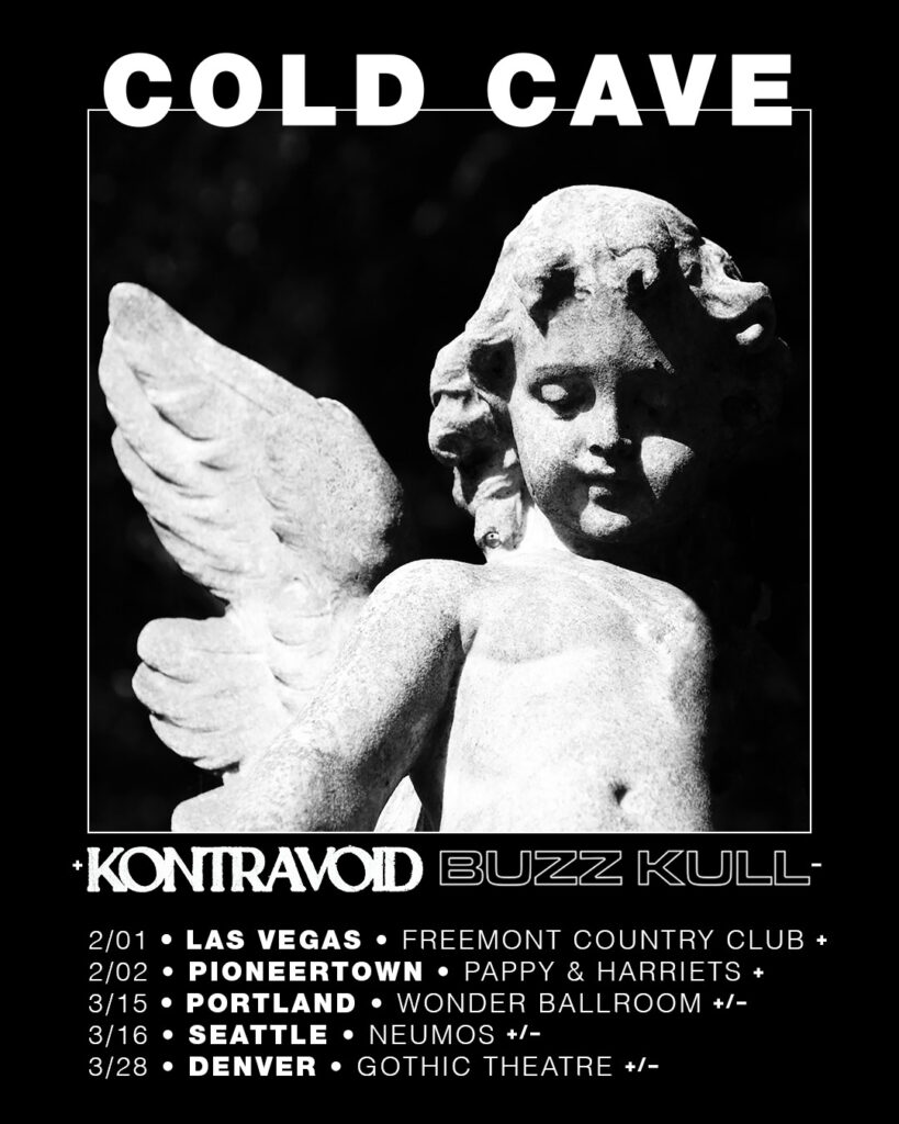 cold cave feb and march 2025 west coast tour dates poster with cherub artwork