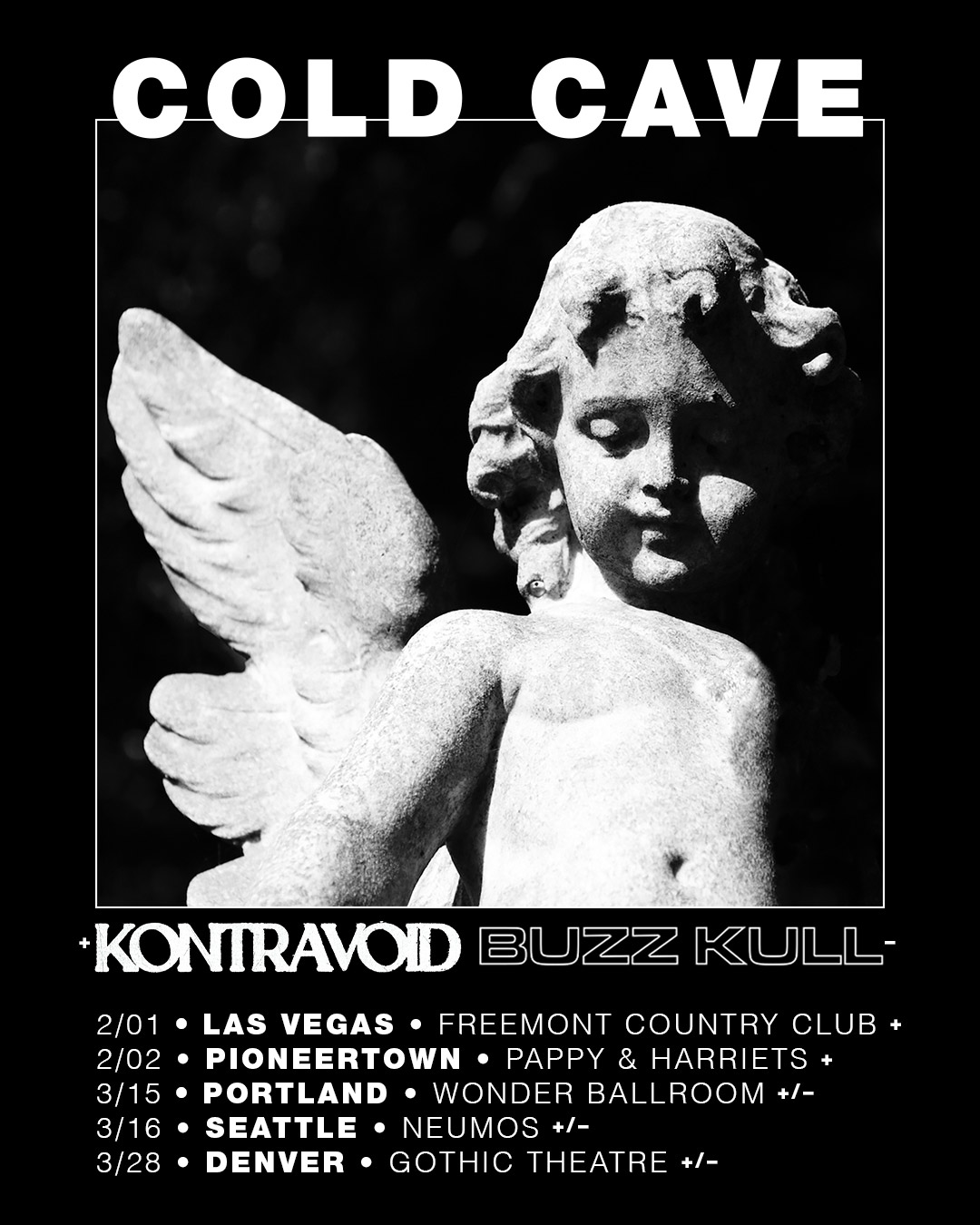 cold cave feb and march 2025 west coast tour dates poster with cherub artwork